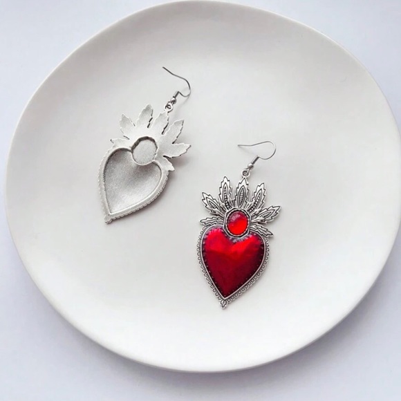 “Blooming Sacred Heart” Ruby Red Fiery Jesus Immaculate Mary Catholic Earrings - Picture 8 of 16